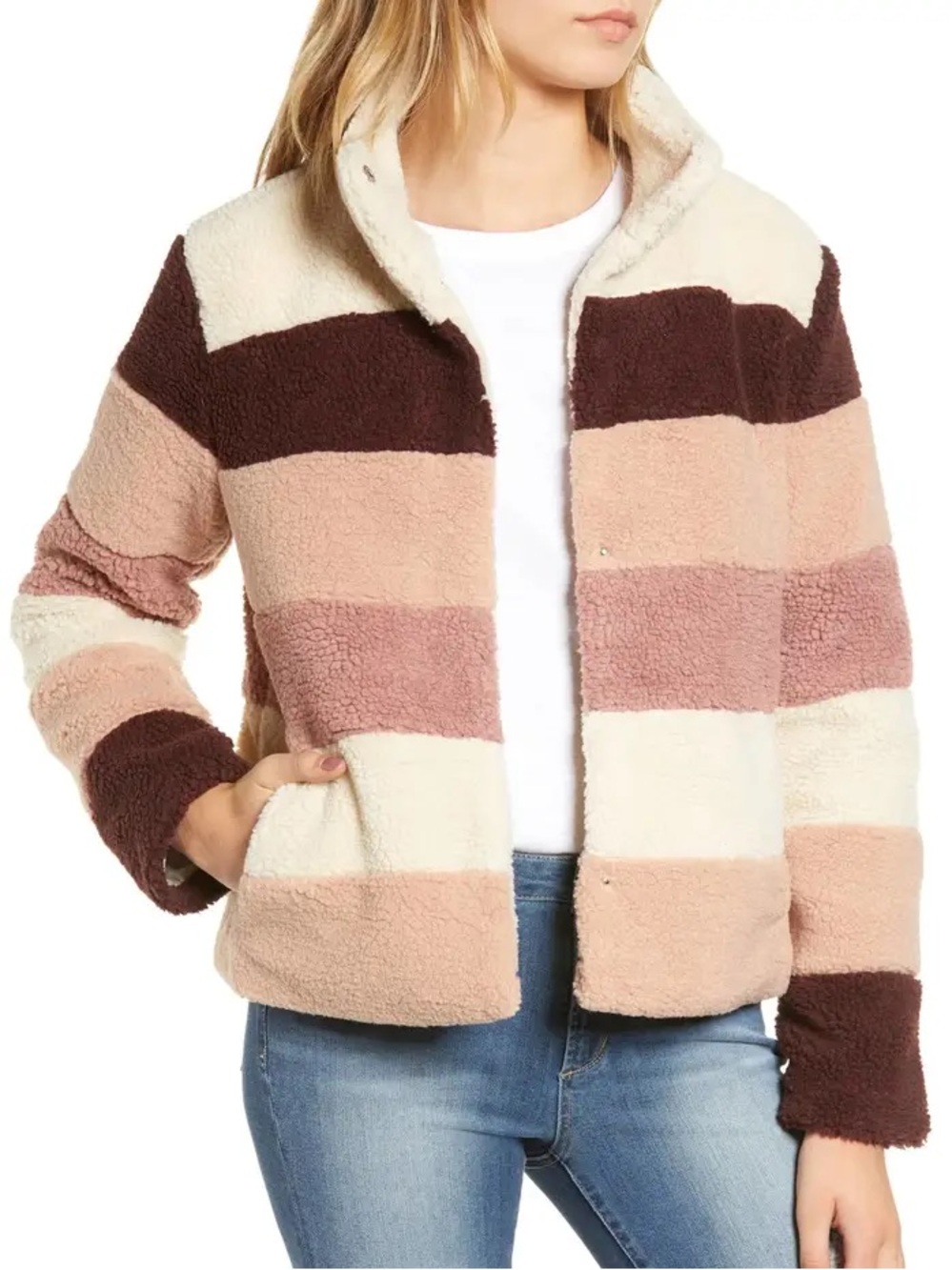 BP Striped Fuzzy Sherpa Jacket in Cream, Blush & Chocolate